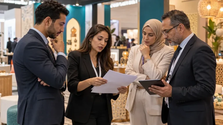 Équipe réunie sur un stand avant l’ouverture au public