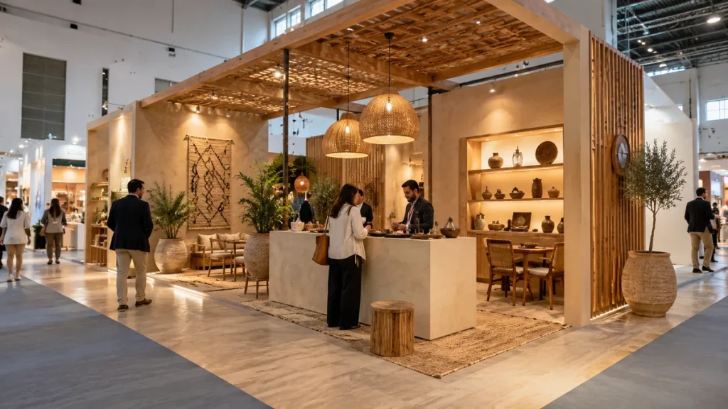 Vue de plusieurs configurations de stands dans un hall d’exposition